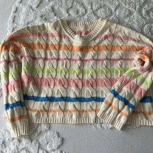 Cream Cable-Knit Scoop-Neck Sweater with Pastel Stripes
